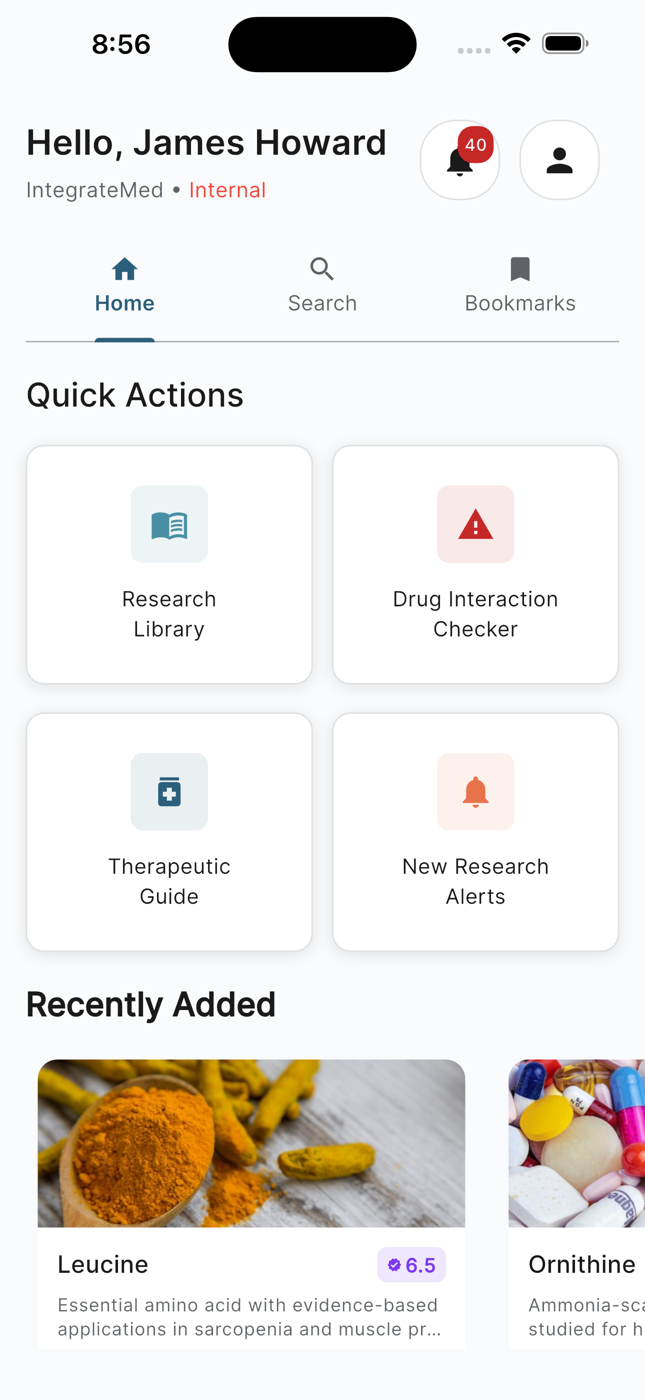 IntegrateMed app dashboard showing supplement profiles with evidence ratings