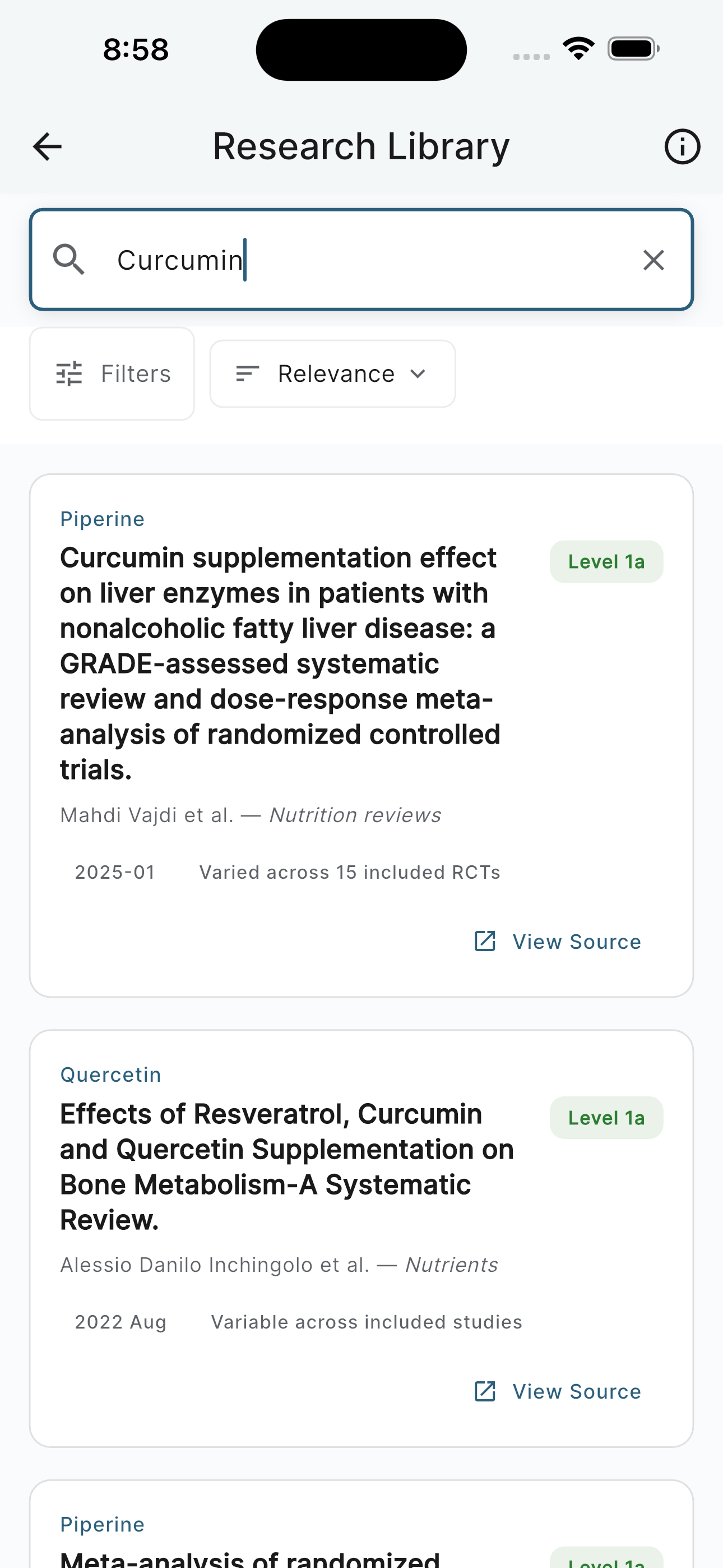 Research library with filtered clinical studies and evidence levels