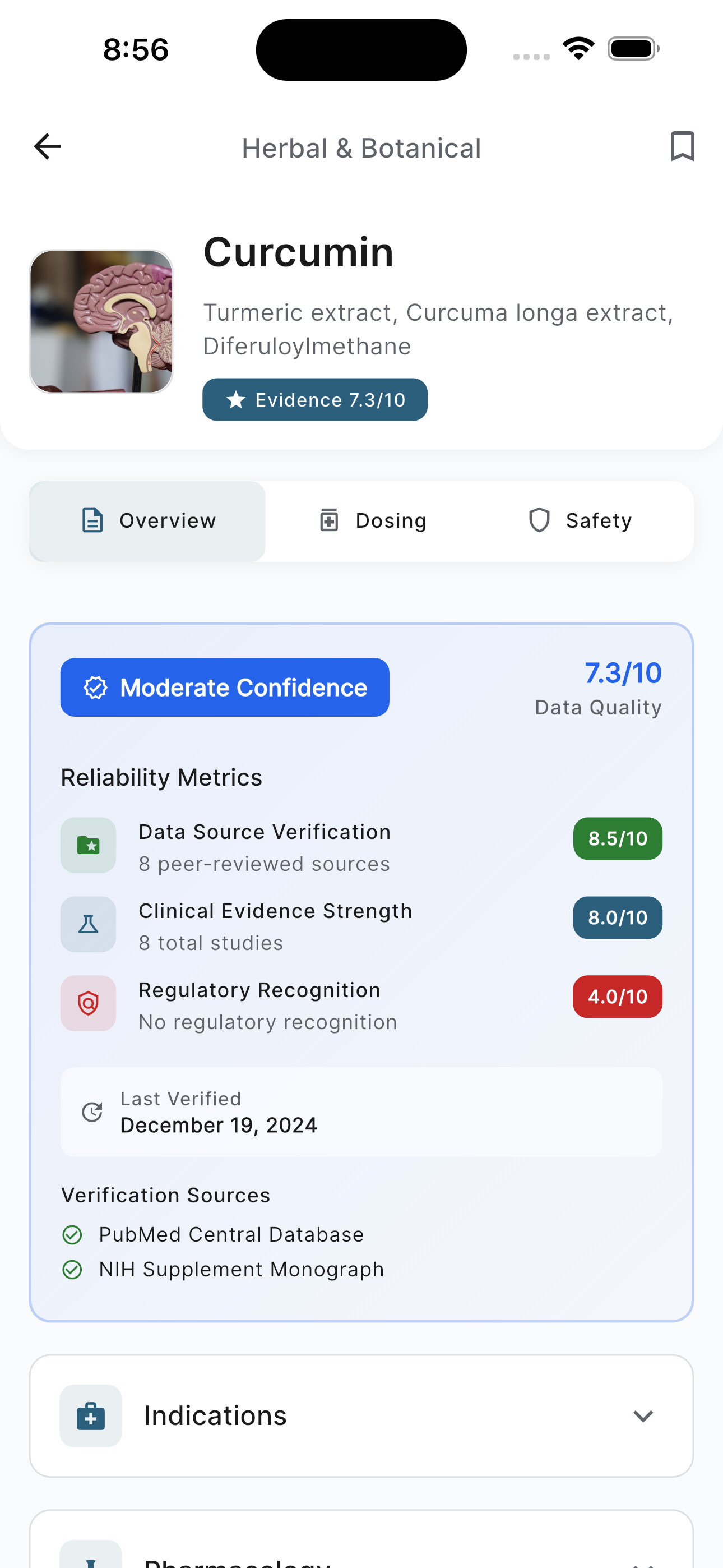 Supplement detail screen with evidence rating and reliability metrics